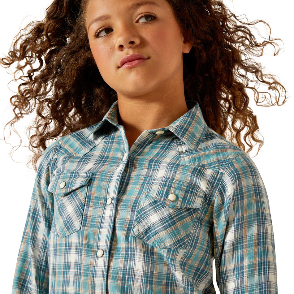 Ariat Girls Darla Snap Loose Shirt Aquamarine Plaid - 10062843